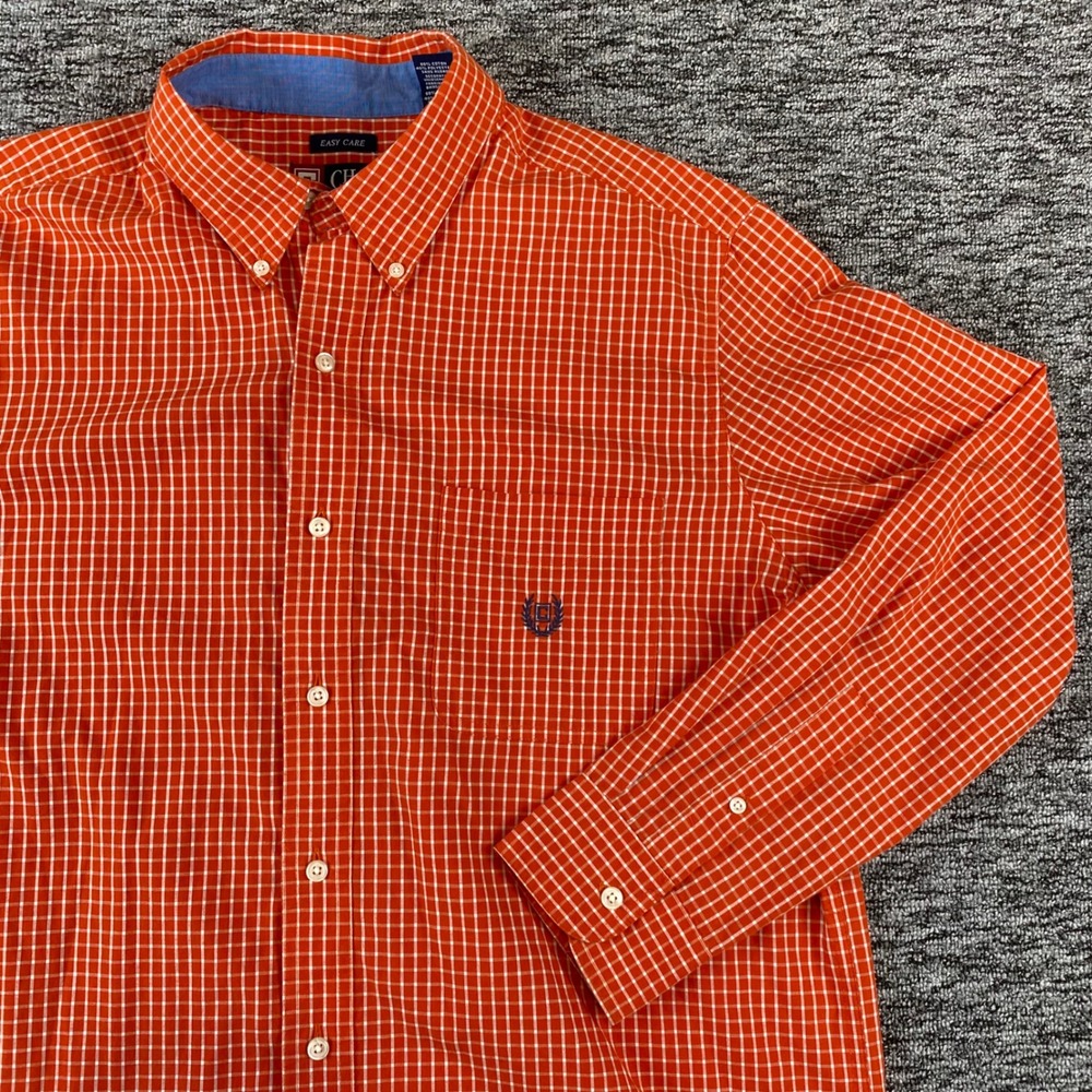 Chaps Mens L Orange Plaid Easy Care Button Down Long Sleeve Shirt